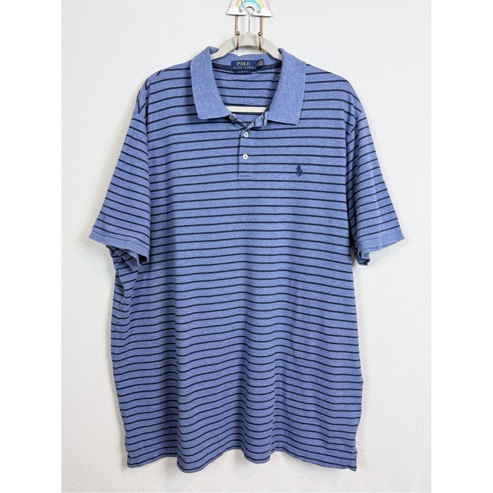 Polo Ralph Lauren Light Blue & Navy Striped Classic Fit Polo Shirt XXL